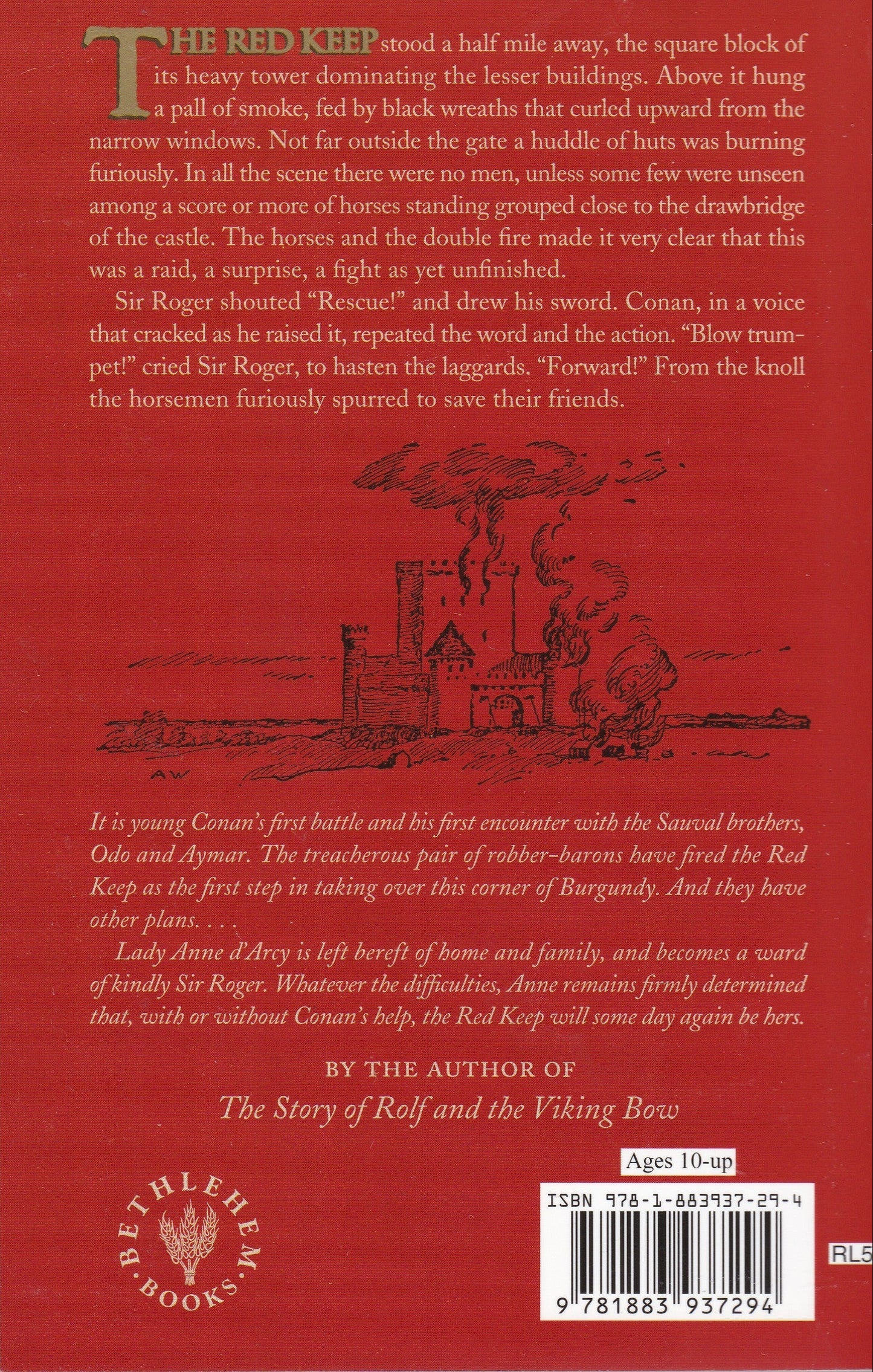 Book back cover with text and illustration of a battle scene on a red background
