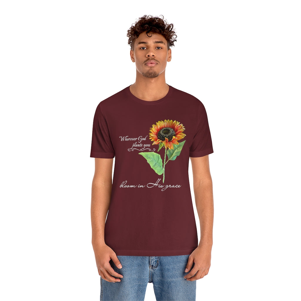 Bloom in His Grace - Adult Size High Quality T-Shirt - Christian, Sunflower, Inspirational